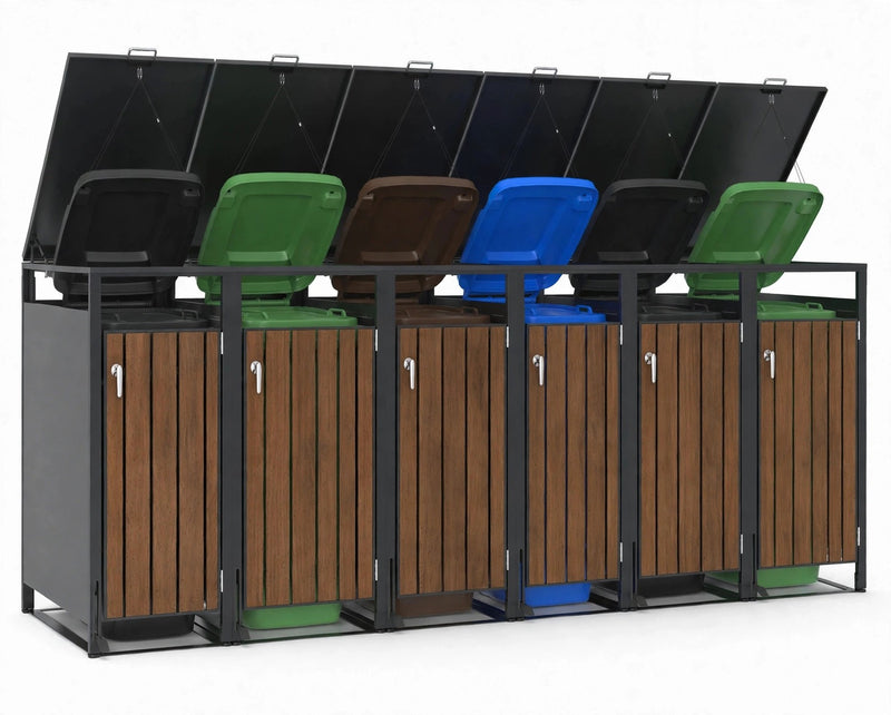 Cache-poubelles Sextuple (6 bacs) — Noyer