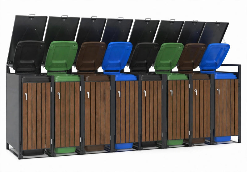Cache-poubelles Octuple (8 bacs) — Noyer